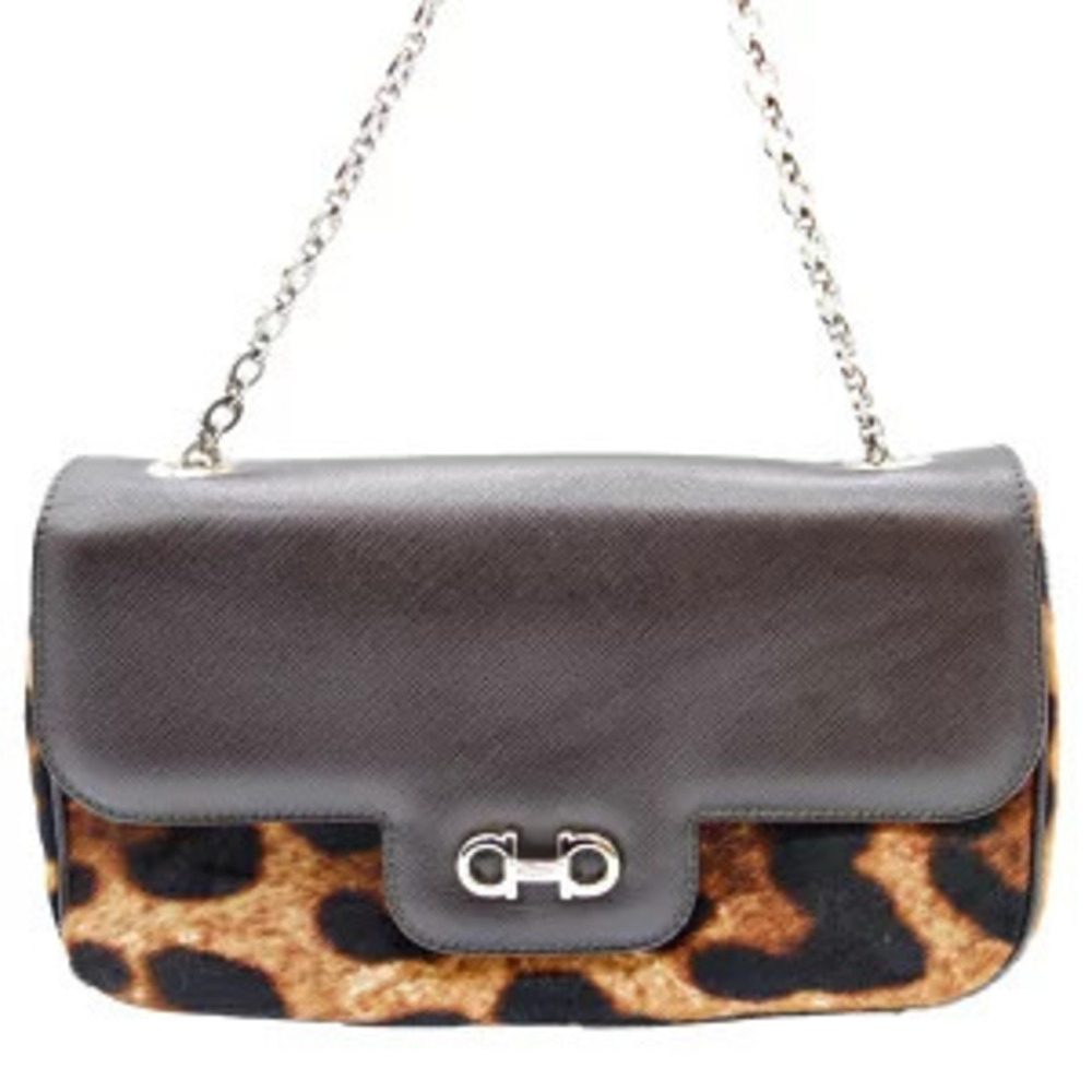 Salvatore Ferragamo shoulder leopard animal chain bag Black